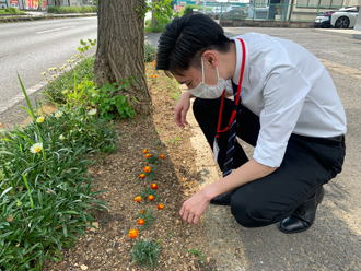 マリーゴールドを見る中田